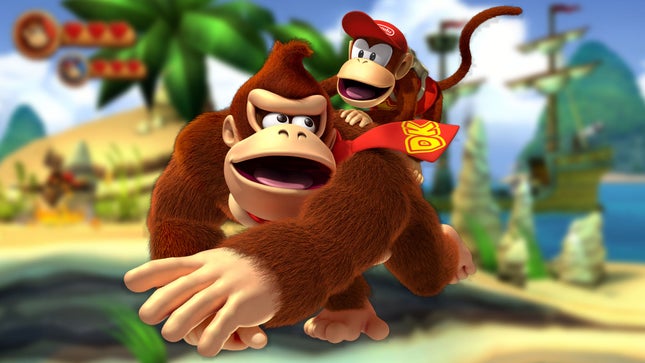 Donkey Kong et une plus petite course de singe tandis qu'une image floue du gameplay décore l'arrière-plan.